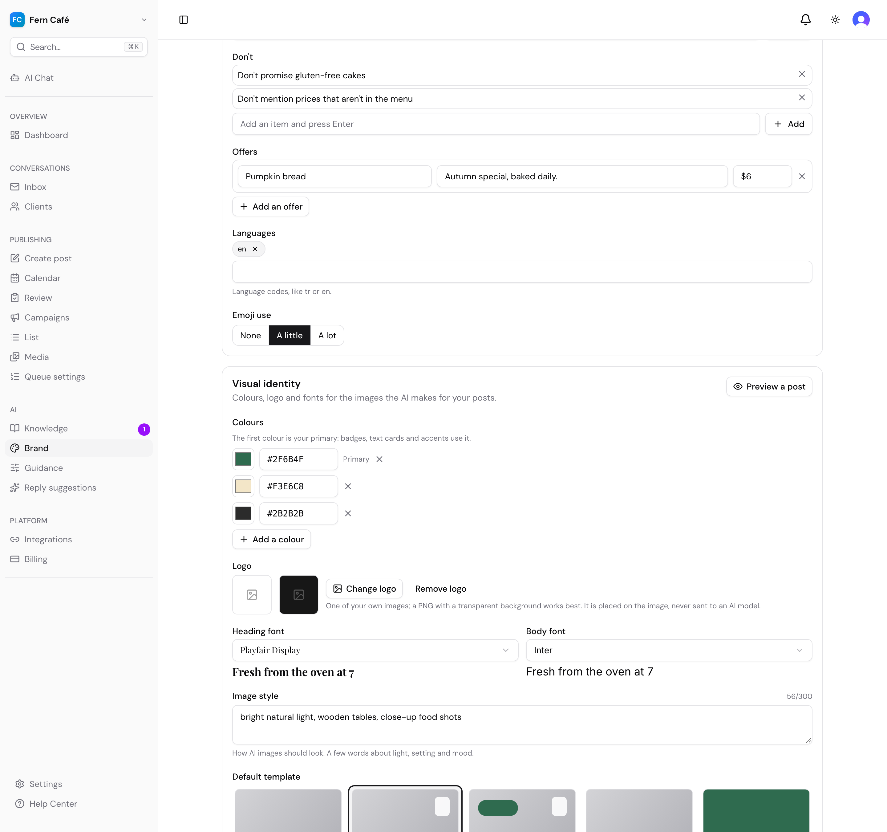 Brand settings with don'ts, offers and the visual identity: colours, fonts and image style