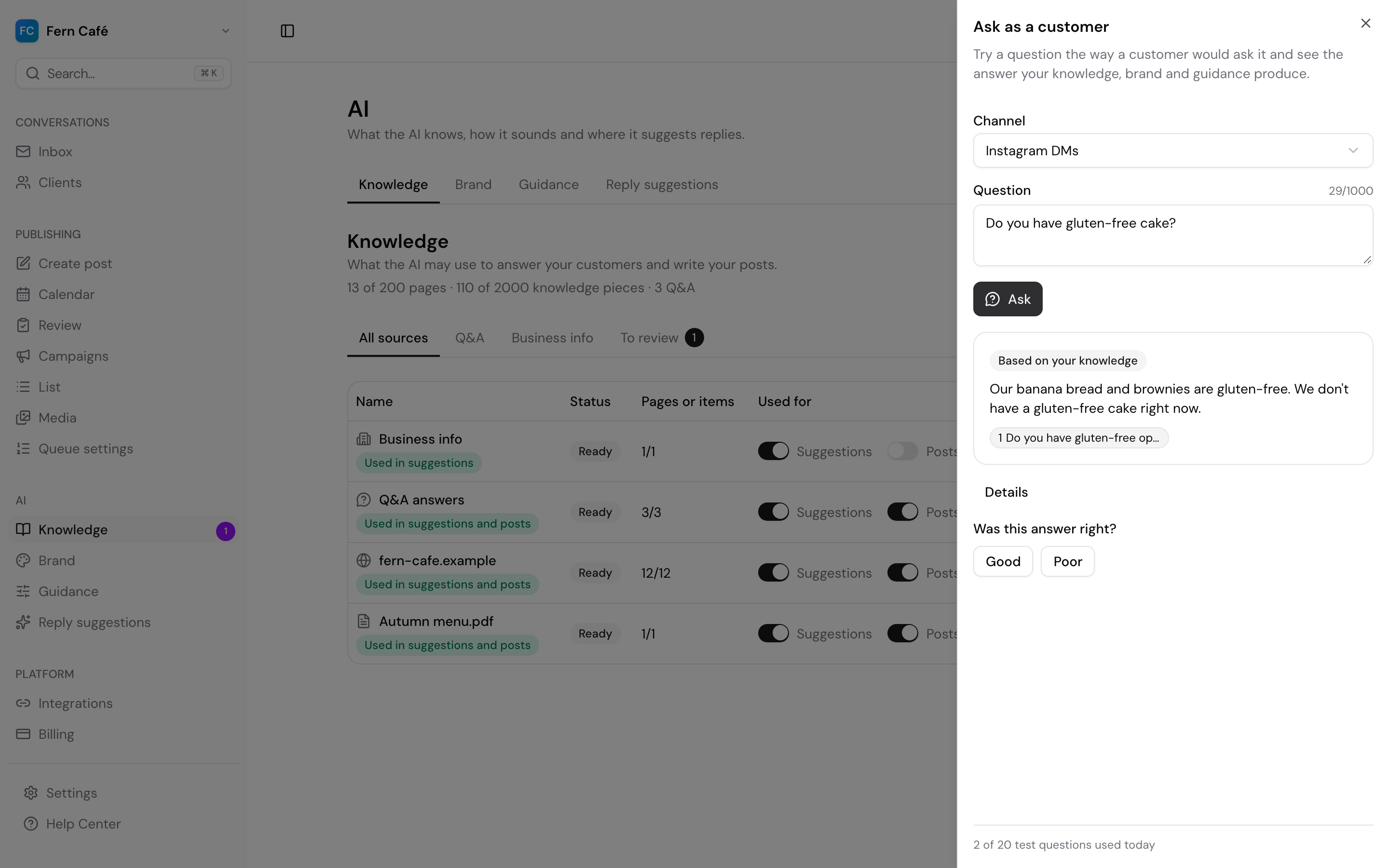 Ask as a customer test panel answering a question with sources