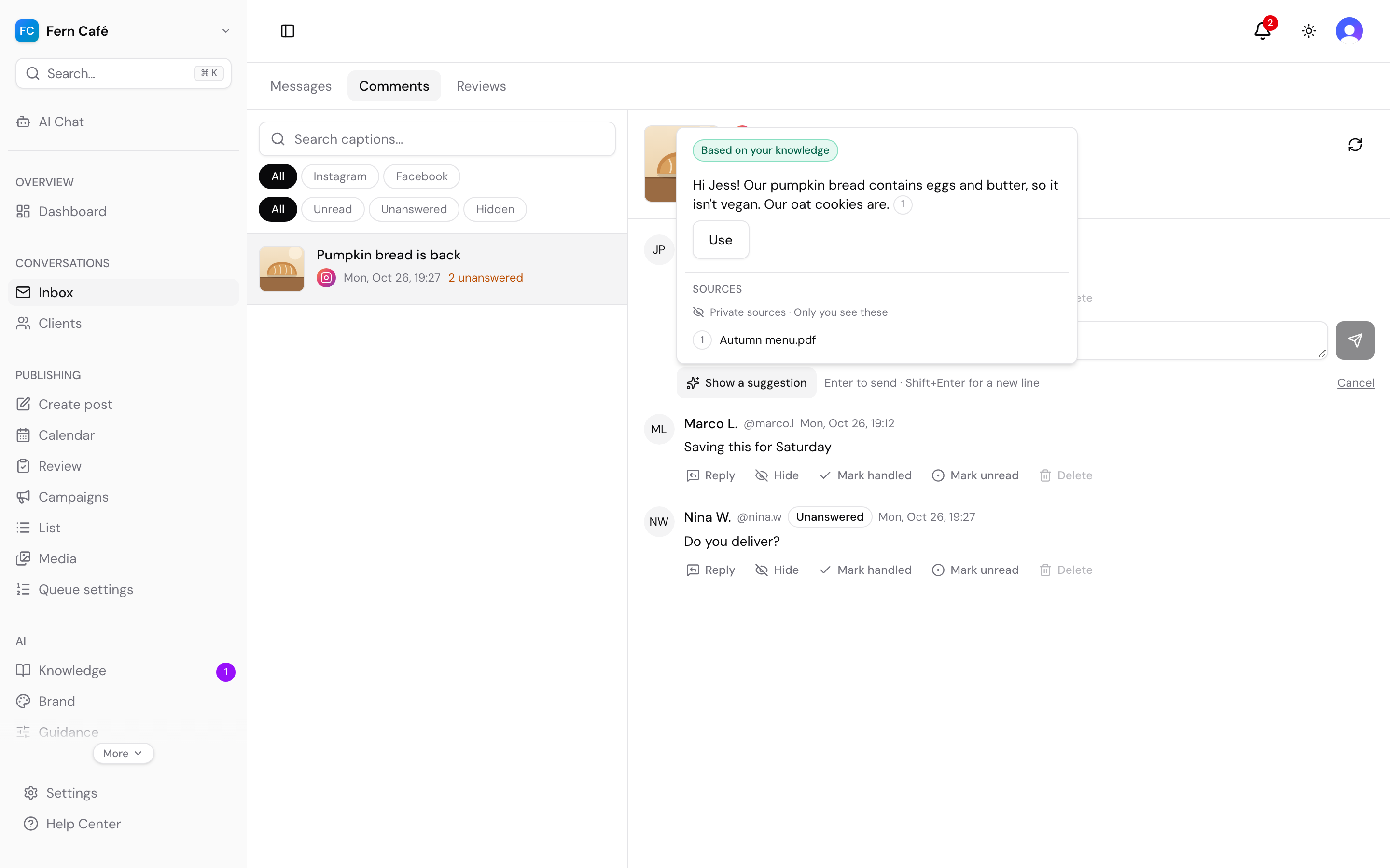 Instagram post comments in the Ravex inbox