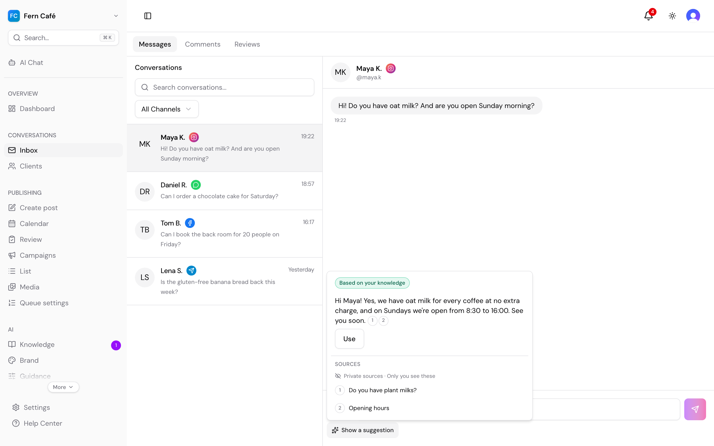 Ravex inbox with an Instagram conversation and a suggested reply showing its sources