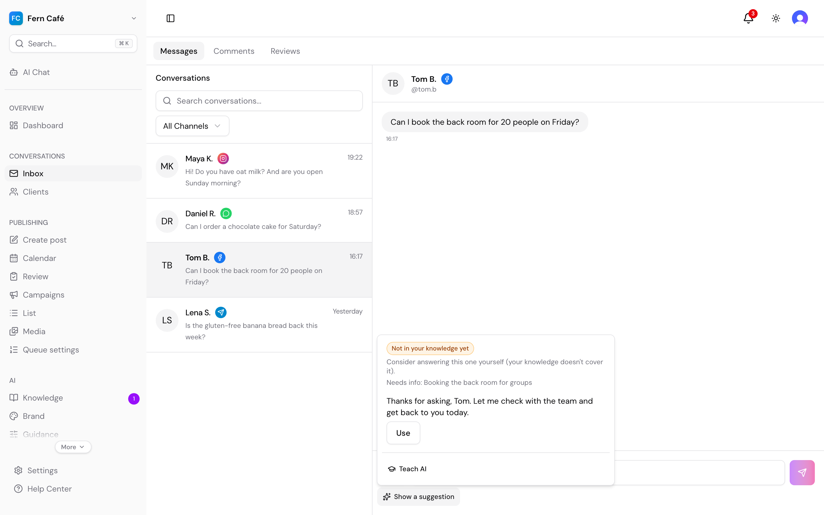Ravex inbox showing customer inquiries that need manual review