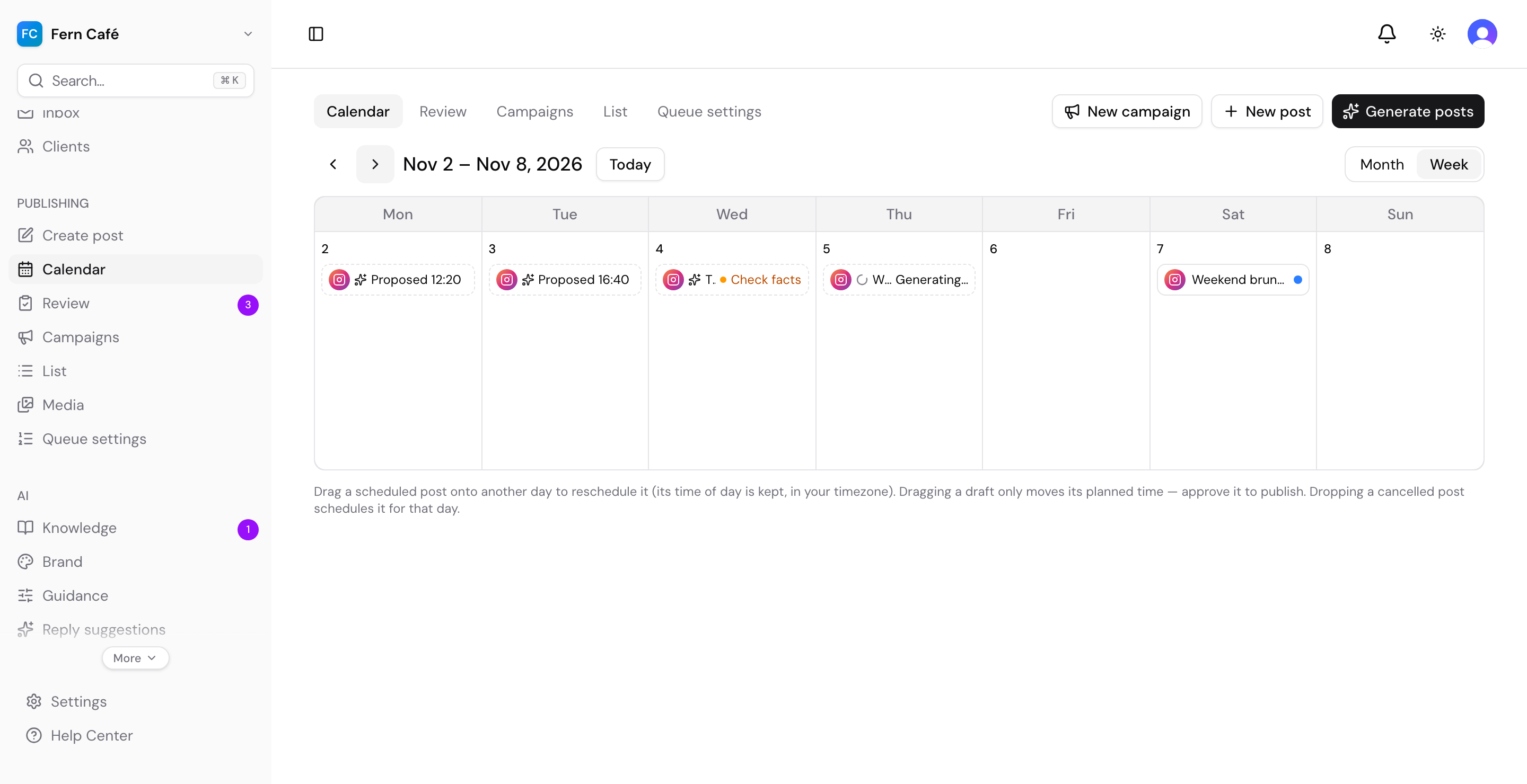 Publishing calendar showing scheduled posts across Instagram and Facebook