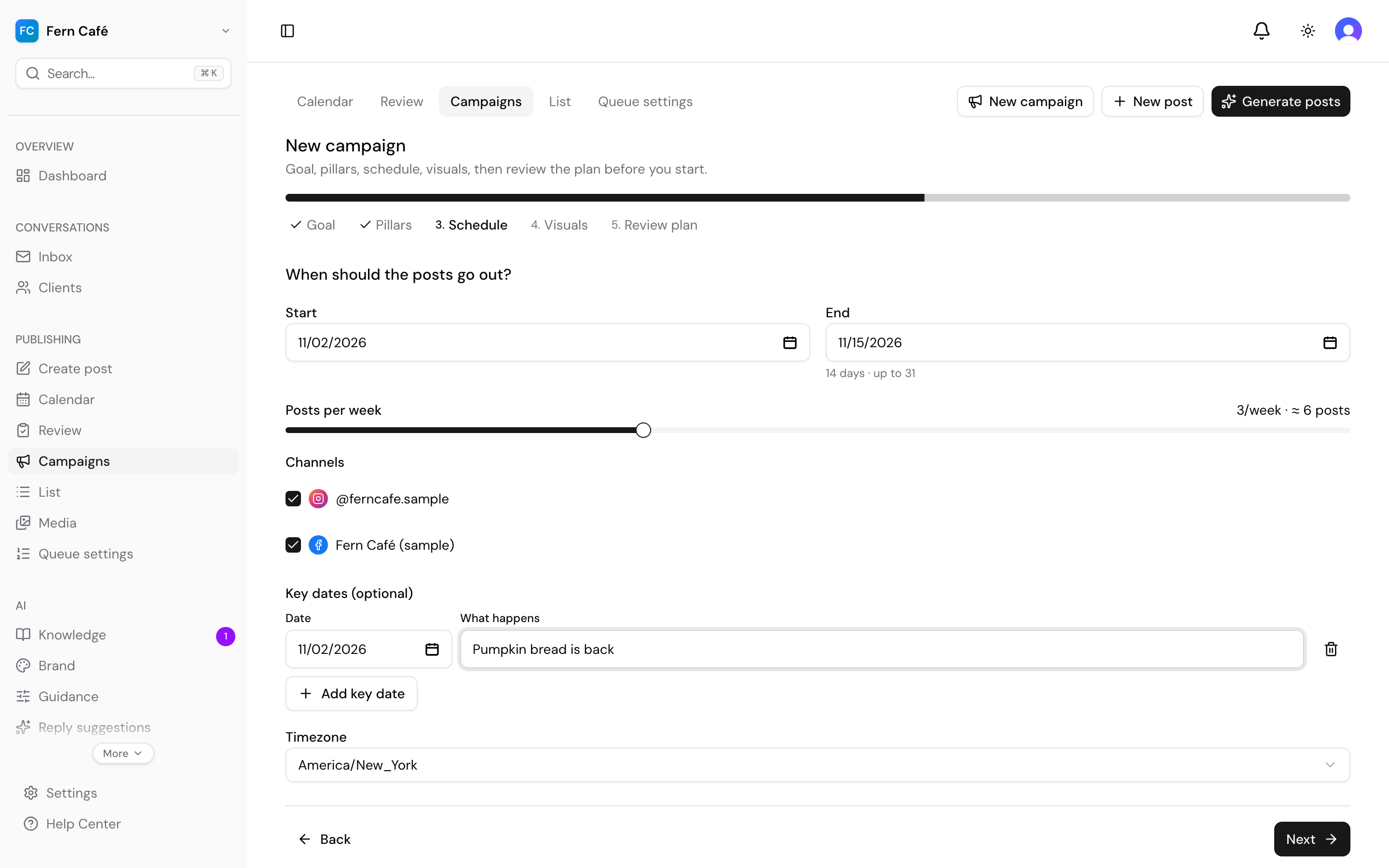 Campaign planner form with dates, posts per week and channels