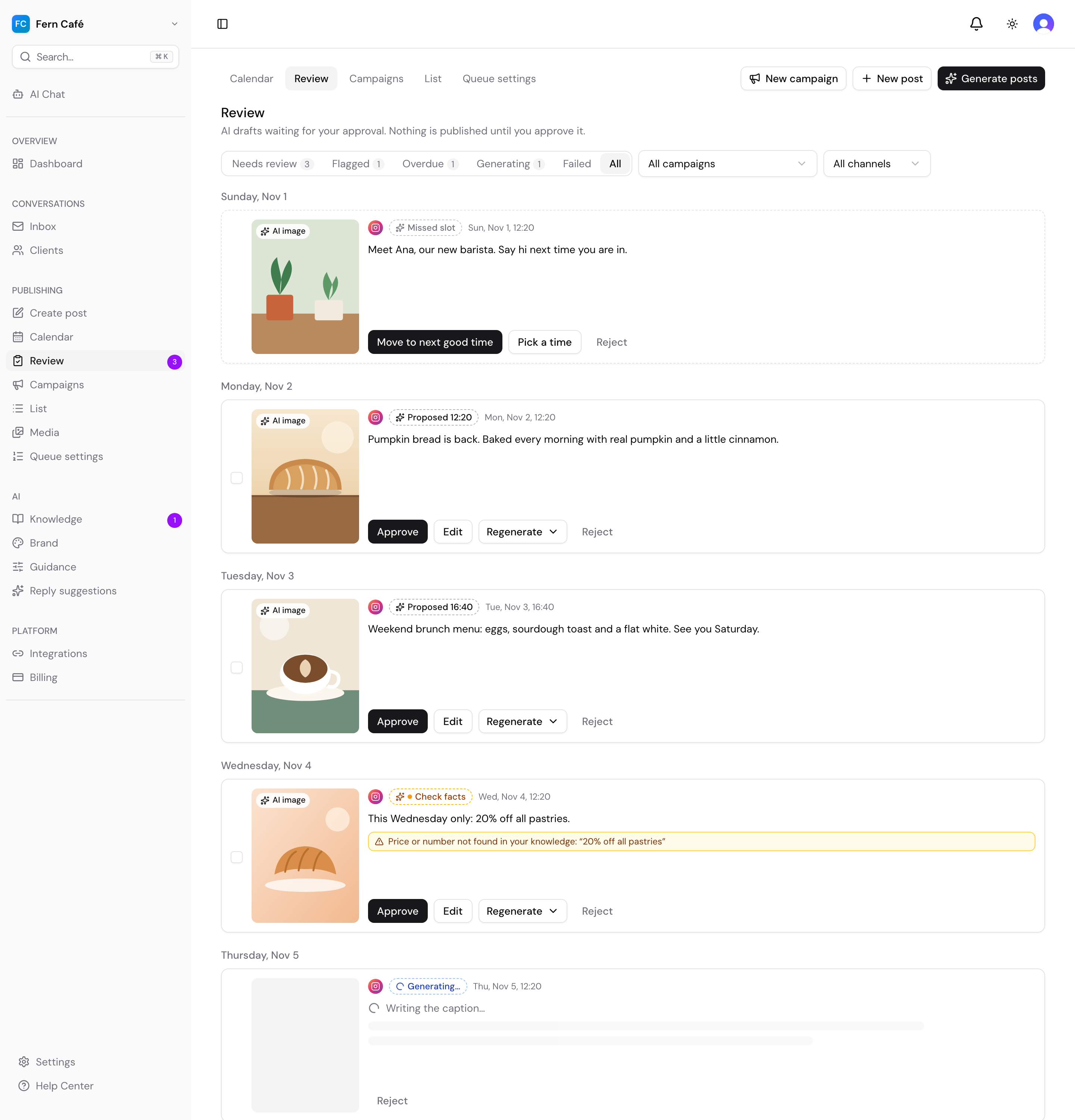 Review board with AI post drafts, AI image badges and a missed time slot